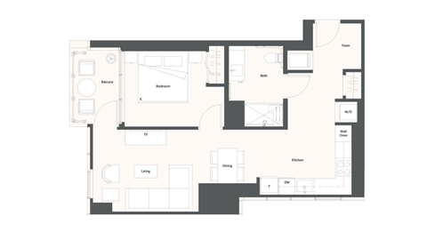 Floor plan for 1 bed, 1 bath, 738 sqft